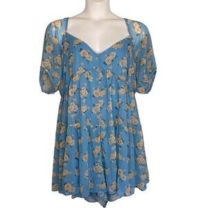 ASOS DESIGN Puff Sleeve Blue Floral Romper Women's US Size 14